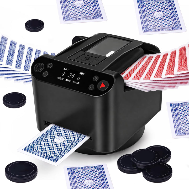 Kartenmischmaschine Elektrische, 2 in 1 Automatische Kartenmischer und Kartensender, um 360° Drehbar