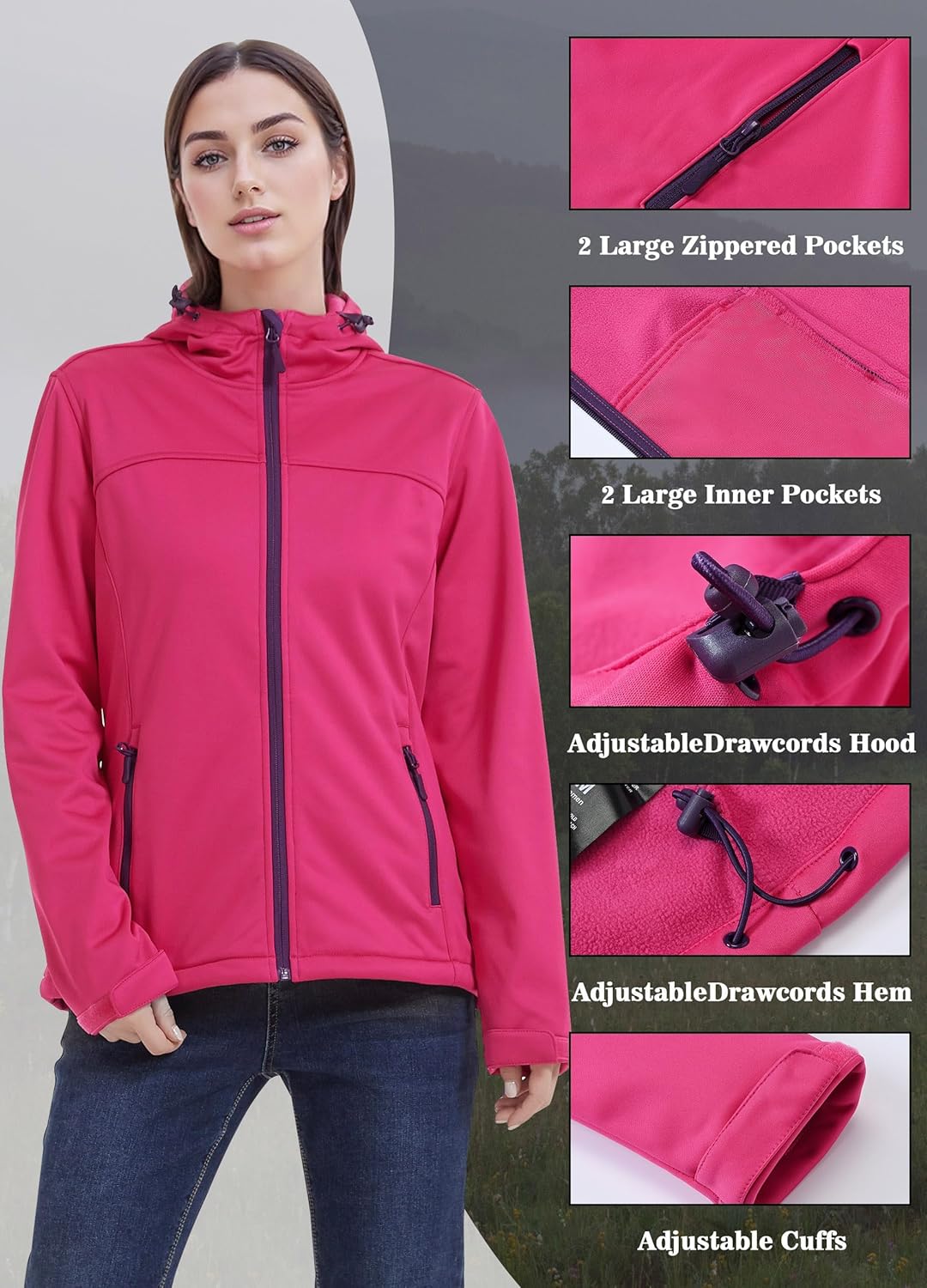 ATLASLAVA Damen Softshelljacke Leichte mit Fleece-Futter Kapuze Windjacke Laufen Wandern S Rosa, S R