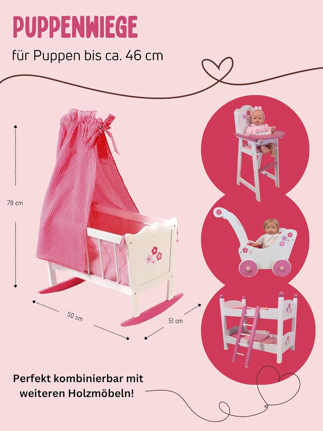 Bayer Chic 2000 - Puppenwiege, Wiege für Puppen, Puppenbett, Puppenmöbel, Puppenzubehör, Fiori, weis