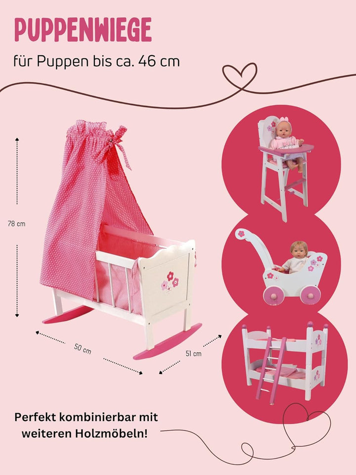 Bayer Chic 2000 - Puppenwiege, Wiege für Puppen, Puppenbett, Puppenmöbel, Puppenzubehör, Fiori, weis