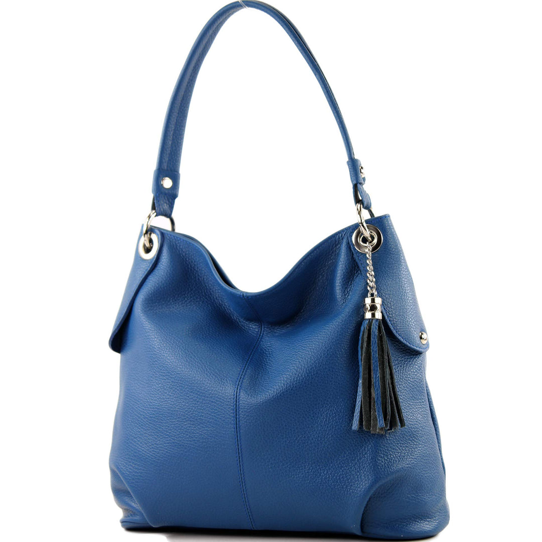 modamoda de - T185 - ital. Damen Schultertasche aus Leder Blau, Blau