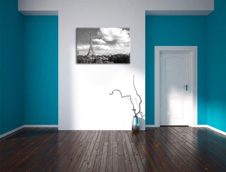 Pixxprint Riesiger Eiffelturm in Paris Kohle Zeichnung Effekt, Format: 100x70 auf Leinwand, XXL ries