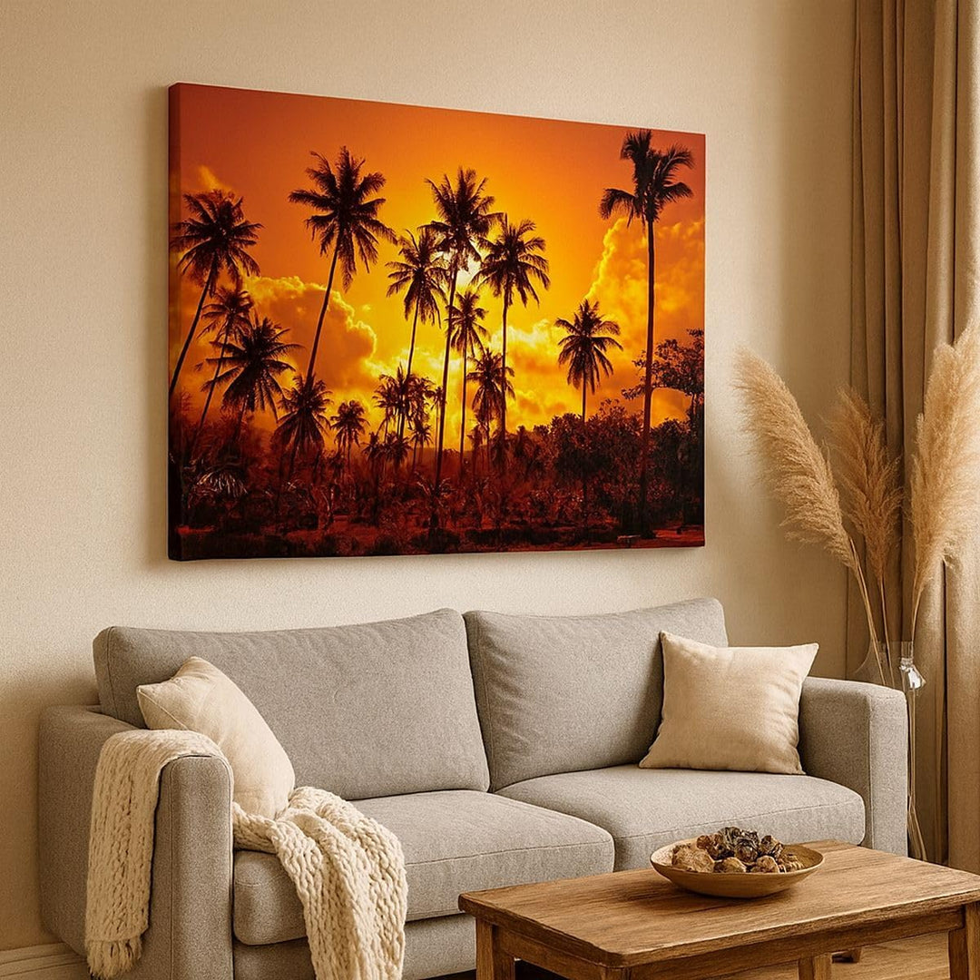 Bilder auf Leinwand 100x70cm Leinwandbild mit Rahmen Palmen Bäume Sonne Gross Wanddeko Bild Schlafzi