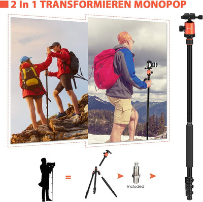 GEEKOTO Kamera Stativ 200cm, DSLR Camera Tripod Aluminum Reisestativ mit Einbeinstativ und 360° Pano