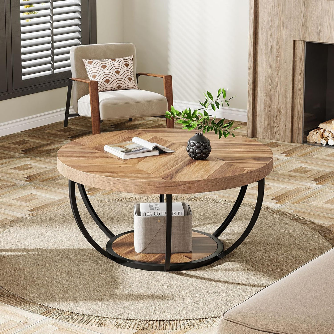 Tribesigns Runde Couchtisch, Industrial 2-Tier-Kreis Couchtisch mit Lagerung Regale, Moderne hölzern