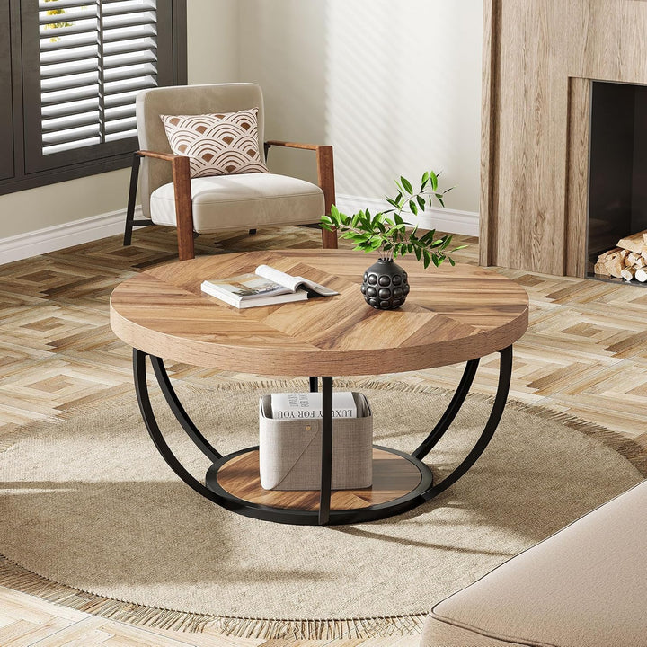 Tribesigns Runde Couchtisch, Industrial 2-Tier-Kreis Couchtisch mit Lagerung Regale, Moderne hölzern