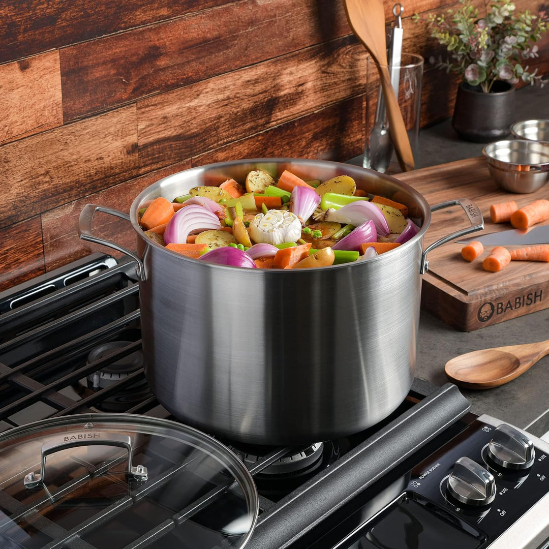 Babish Tri-Ply Stainless Steel Stock Pot w/Lid, 12-Quart 11.4 Liter, 11.4 Liter