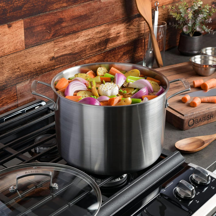 Babish Tri-Ply Stainless Steel Stock Pot w/Lid, 12-Quart 11.4 Liter, 11.4 Liter