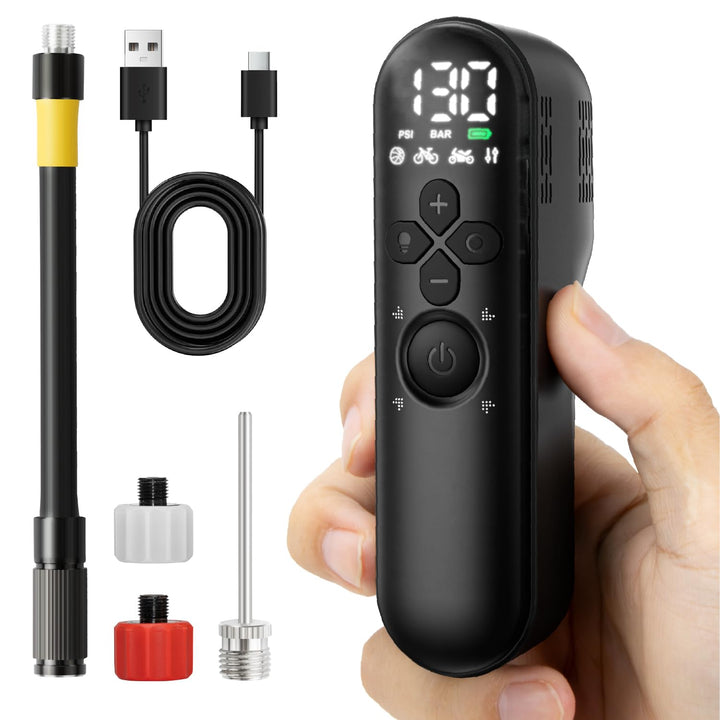Fahrradpumpe Elektrisch, Fahrradzubehör 130 PSI Elektrische Minipumpe mit Manometer, Auto-Off und LE