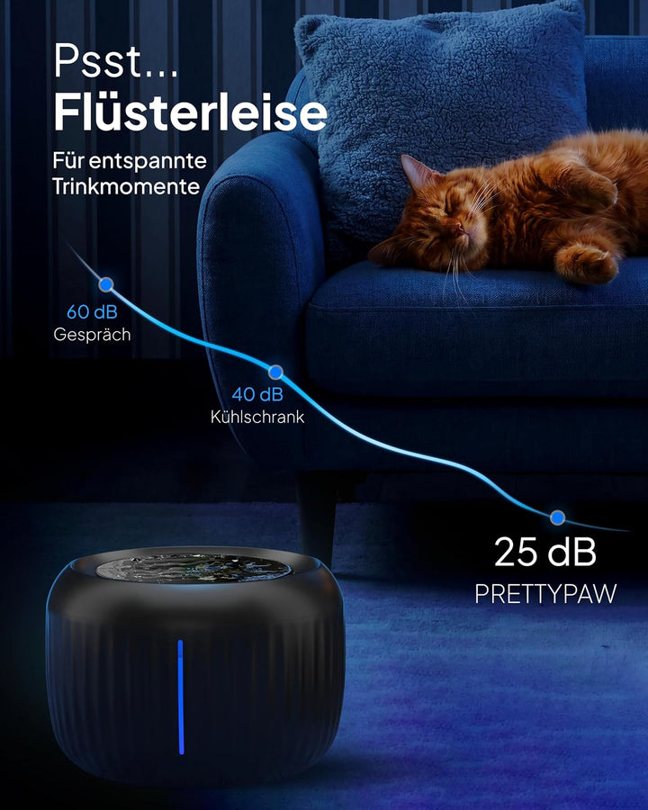Pretty Paw Katzenbrunnen mit Leiser Pumpe, LED und Aktivkohlefilter, 2,5L | Trinkbrunnen für Katzen,