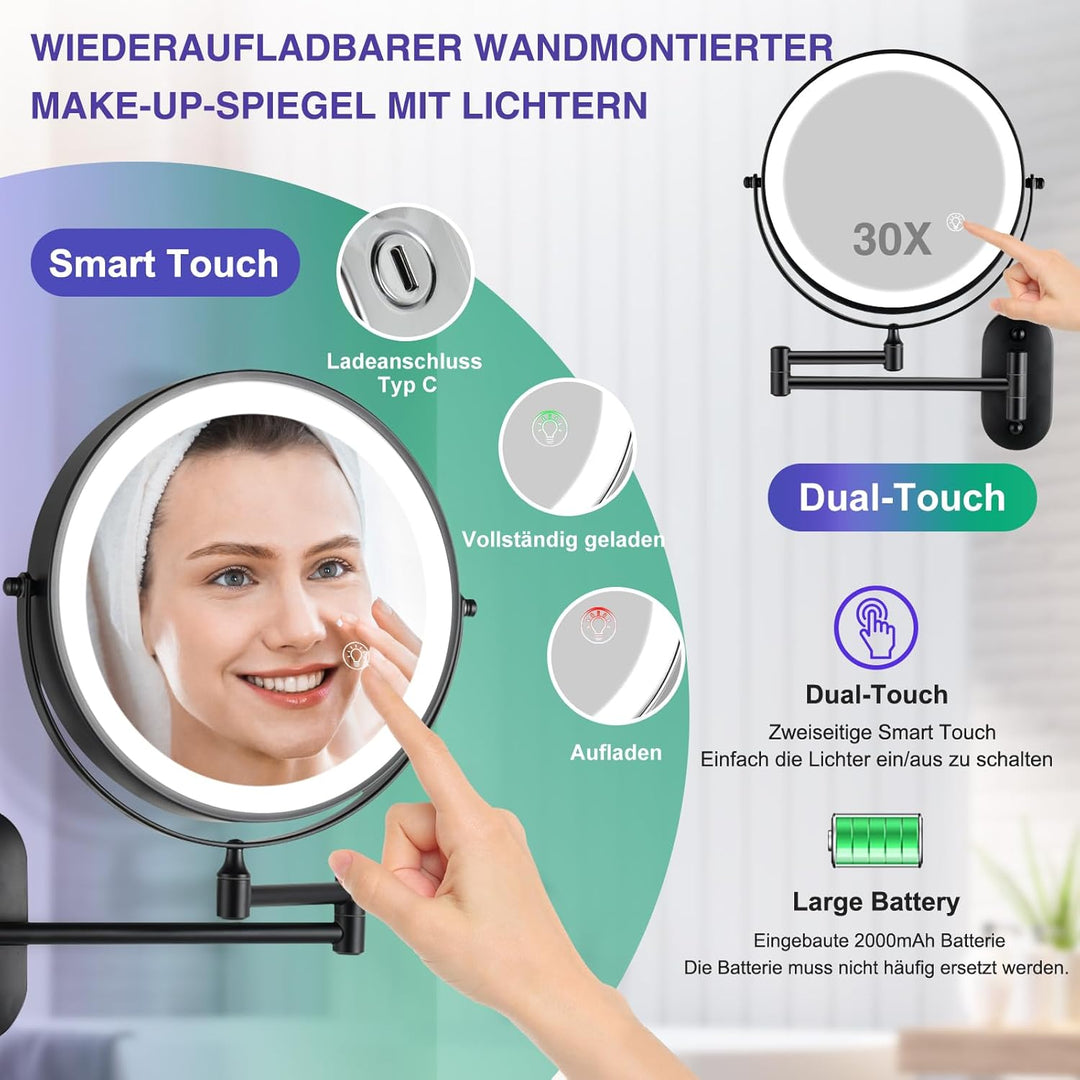 LED Kosmetikspiegel mit Wandhalterung, 30-fache Vergrösserung, 3 Lichtfarben, USB-Aufladung, Schwarz