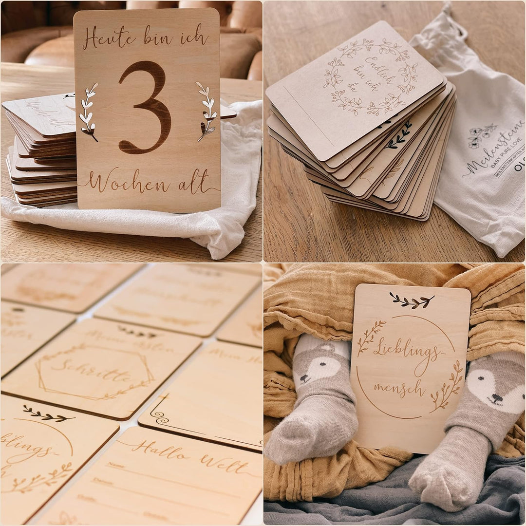 OLGS Holz Meilensteinkarten Baby | 40 Meilensteine mit Stoffbeutel | Geschenkidee für werdende Mütte