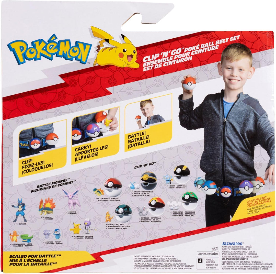 Pokémon PKW4741 - Pikachu Clip 'N' Go Gürtel-Set - Pikachu Battle Figur mit Premierball, Hyperball u