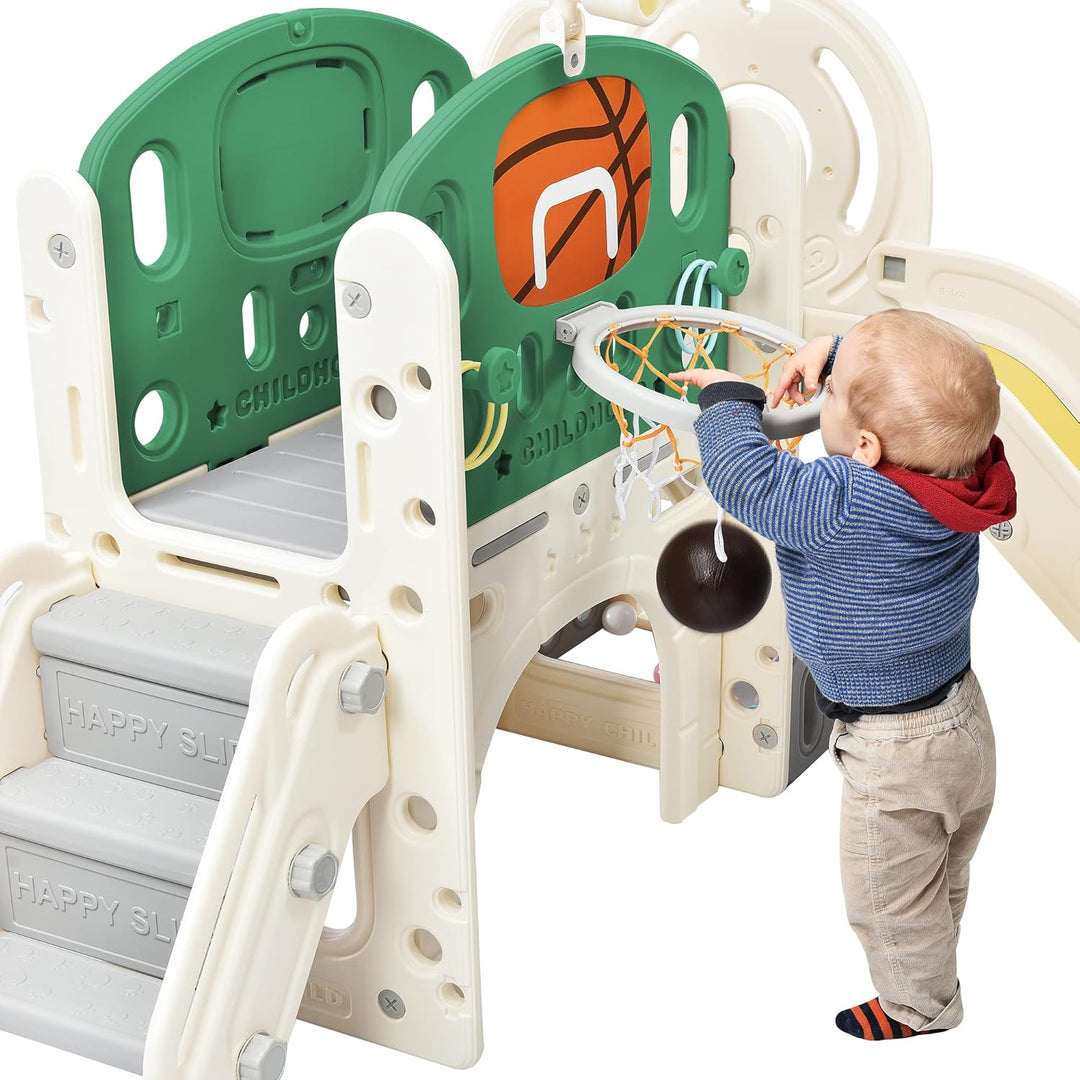 Merax Rutsche für Kinder, 6 in 1 Kinderrutsche mit Basketballrahmen, Klettern, Stauraum, Tunnel, Kin