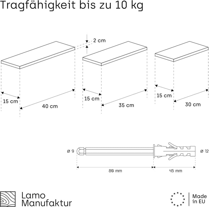 LAMO Manufaktur 3 Stück Wandregal aus Holz mit unsichtbarer Befestigung 40/35/30cm | Wandregal Holz