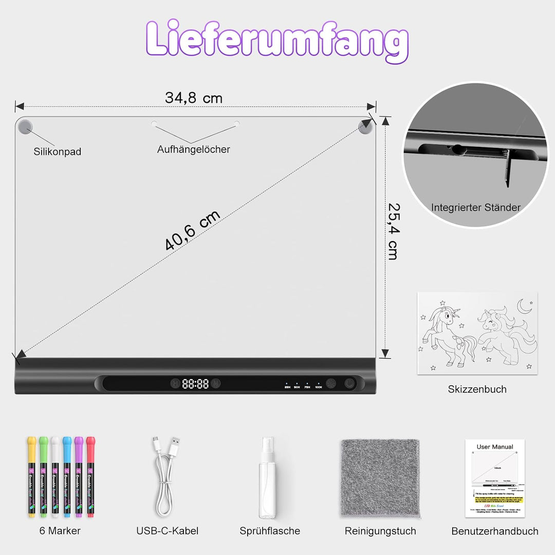 LED-Zeichenbrett Wiederaufladbares 41 cm, 9 Lichtmodi mit Timer, Neon-Trockenlöschtafel mit Ständer,