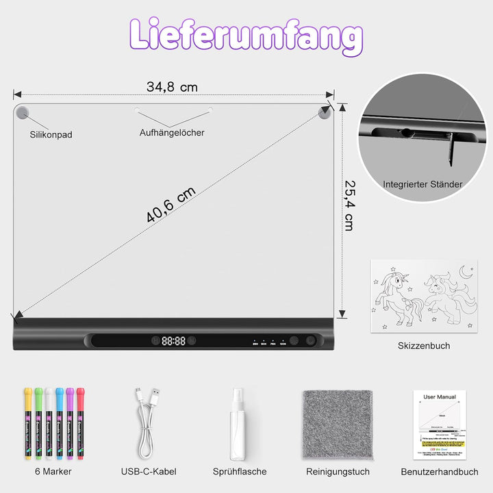 LED-Zeichenbrett Wiederaufladbares 41 cm, 9 Lichtmodi mit Timer, Neon-Trockenlöschtafel mit Ständer,