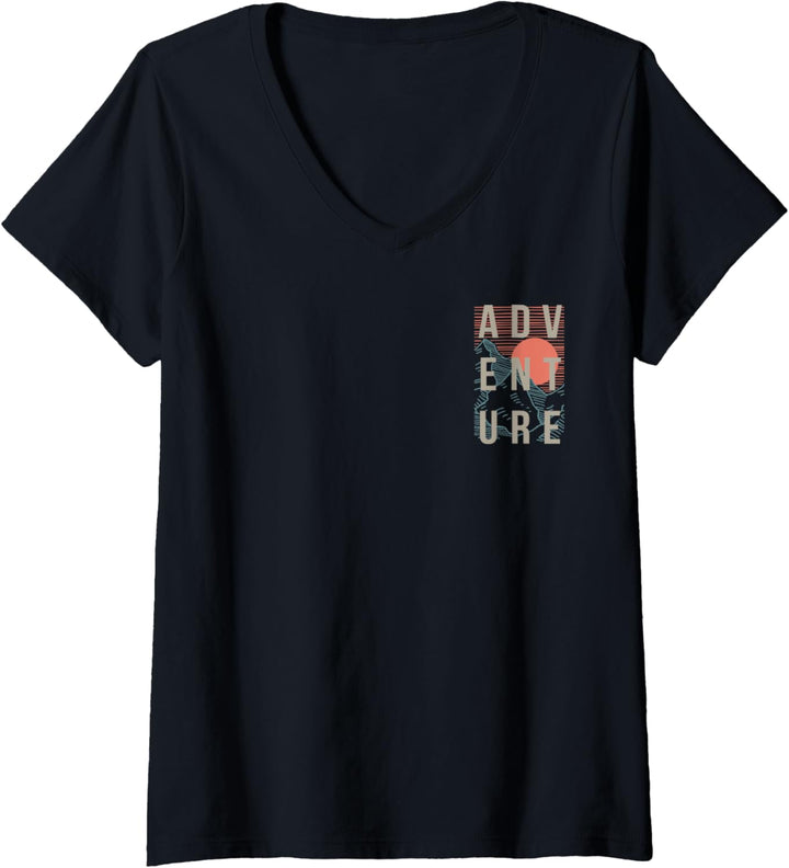 Damen Adventure Square Lines Front Back T-Shirt mit V-Ausschnitt