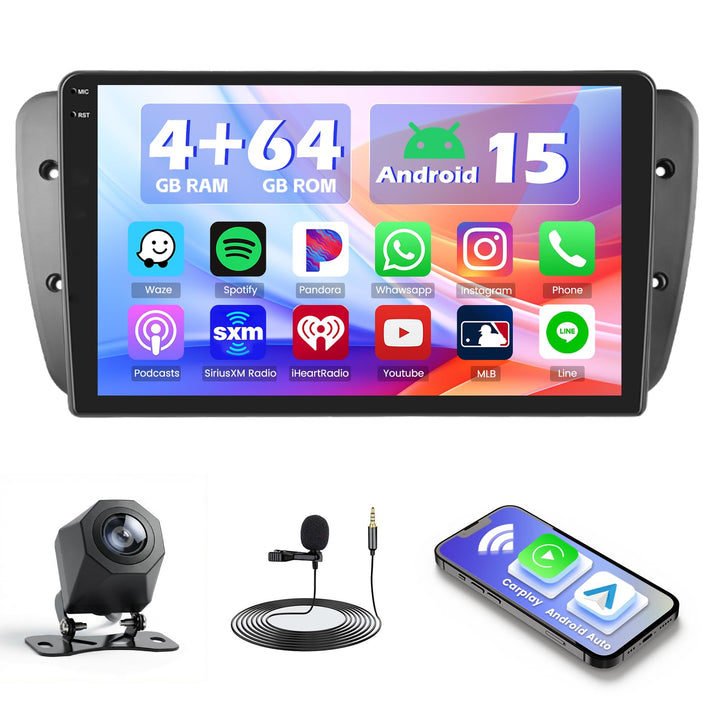 Hikity 4+64G Autoradio für Seat Ibiza 6J 2009-2013, 9" Bildschirm Radio mit Wireless CarPlay Android