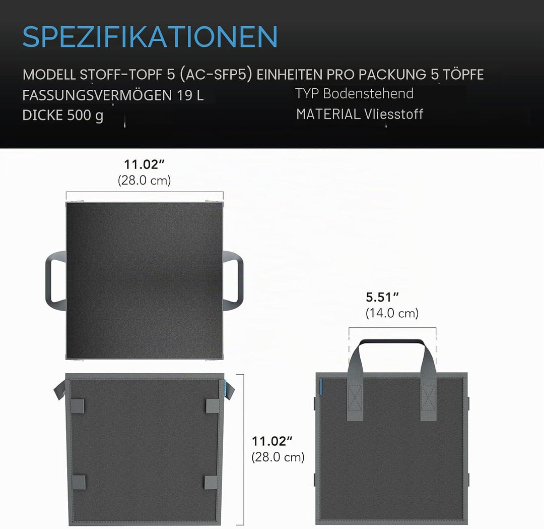 AC Infinity Quadratische, robuste Stofftöpfe, 1.8 l Belüftung, wiederverwendbare Pflanzbeutel, für d