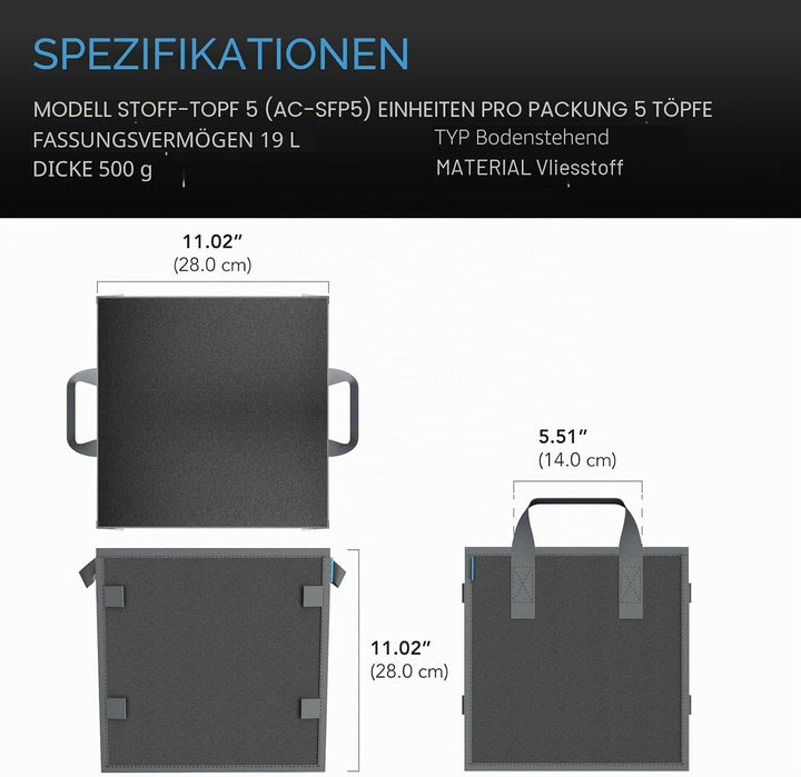 AC Infinity Quadratische, robuste Stofftöpfe, 1.8 l Belüftung, wiederverwendbare Pflanzbeutel, für d