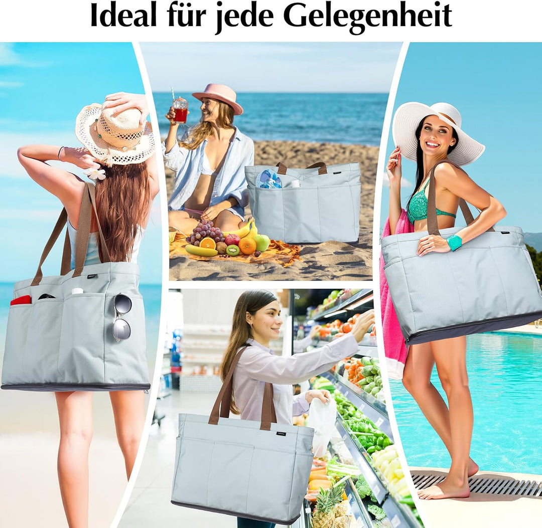GAGAKU Strandtasche XXL mit Kühlfach, Wasserfest Beach Bag mit Reissverschluss – Faltbar Gross Badet