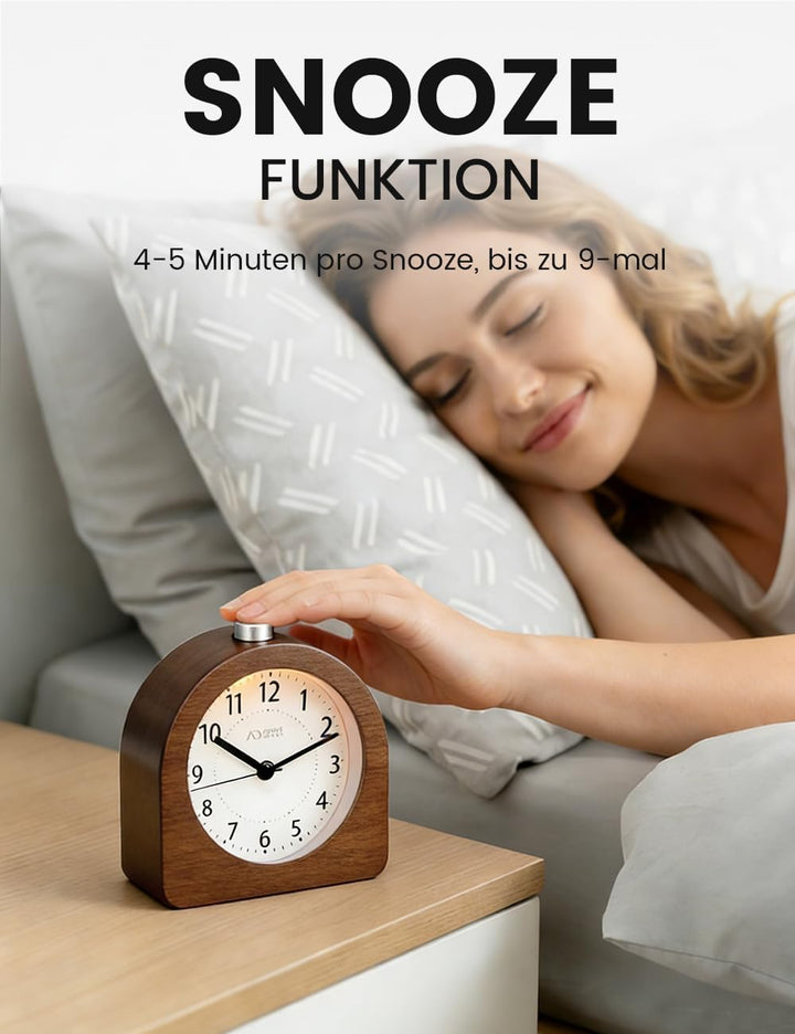 Wecker Analog Ohne Ticken, Wecker Holz mit Snooze, Nachttisch Tischuhr mit Nachtlicht, reisewecker m