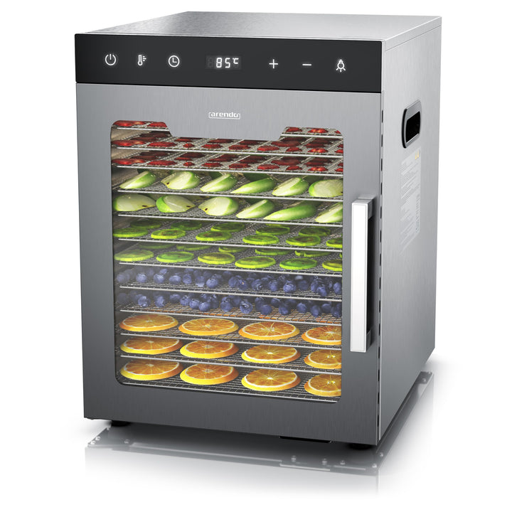 Arendo - Dörrautomat Edelstahl mit 12 Edelstahlgitter - 800 W - 30°- 90°C - 12 Edelstahl Einlegetabl