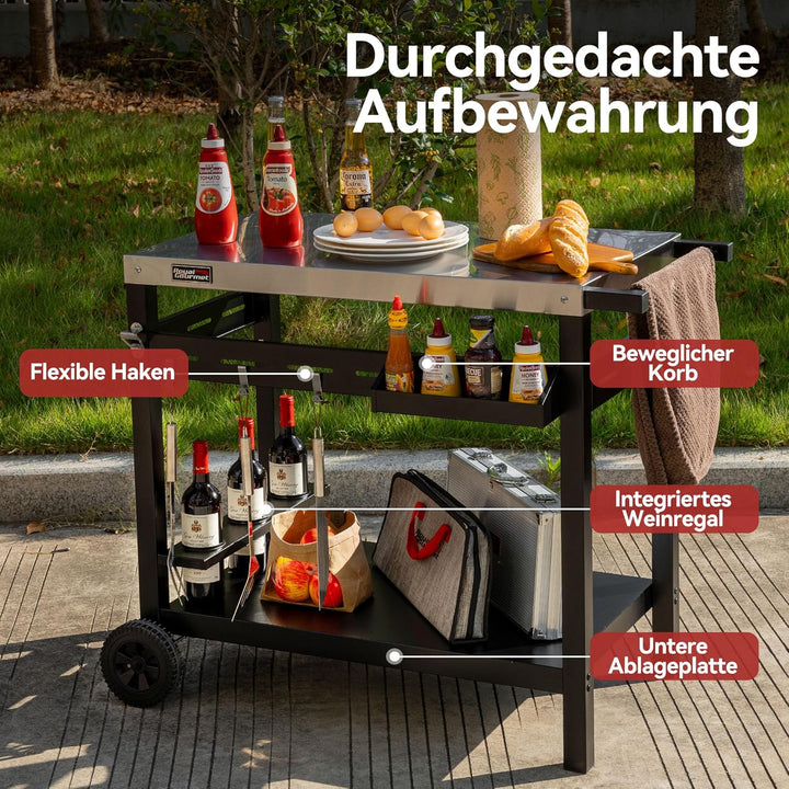 Royal Gourmet Grillwagen Rollwagen mit Edelstahl-Platte für Tischgrill und Pizzaofen, Outdoor Servie
