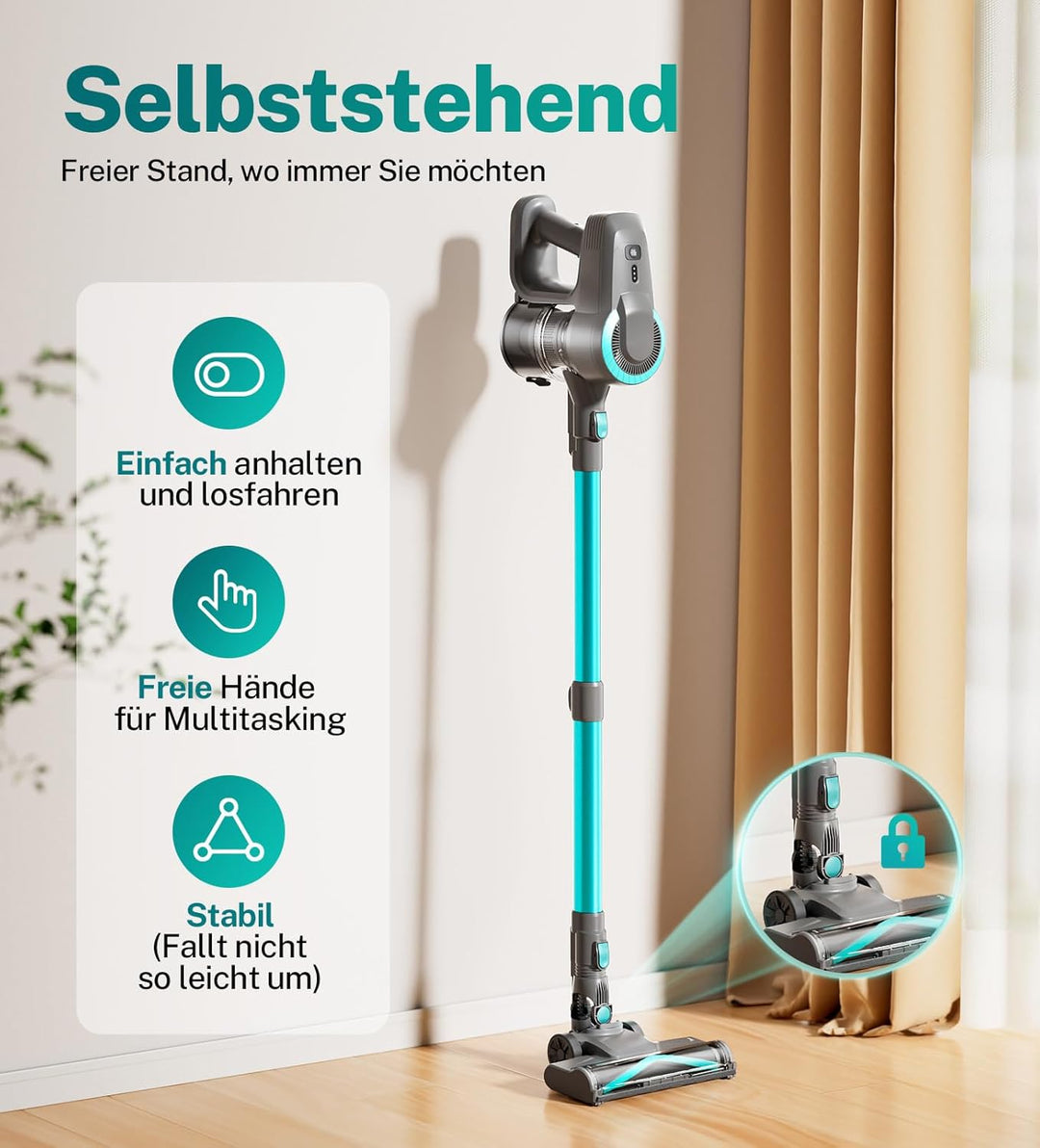 Akku Staubsauger, 30000Pa/55Min Staubsauger Kabellos, Anti-Tangle-Bürste und Selbststehend, Ultralei
