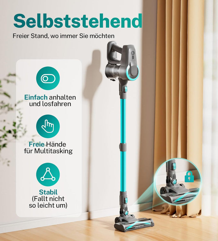 Akku Staubsauger, 30000Pa/55Min Staubsauger Kabellos, Anti-Tangle-Bürste und Selbststehend, Ultralei