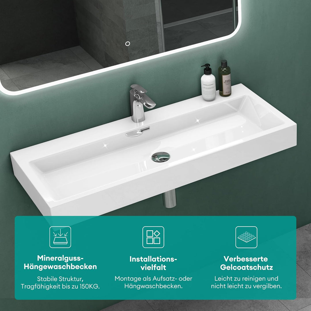 Mai &amp; Mai Breite: 60cm Waschbecken Aufsatz-Waschschale Hänge-Becken Mineralguss in weiss 1 Armaturen
