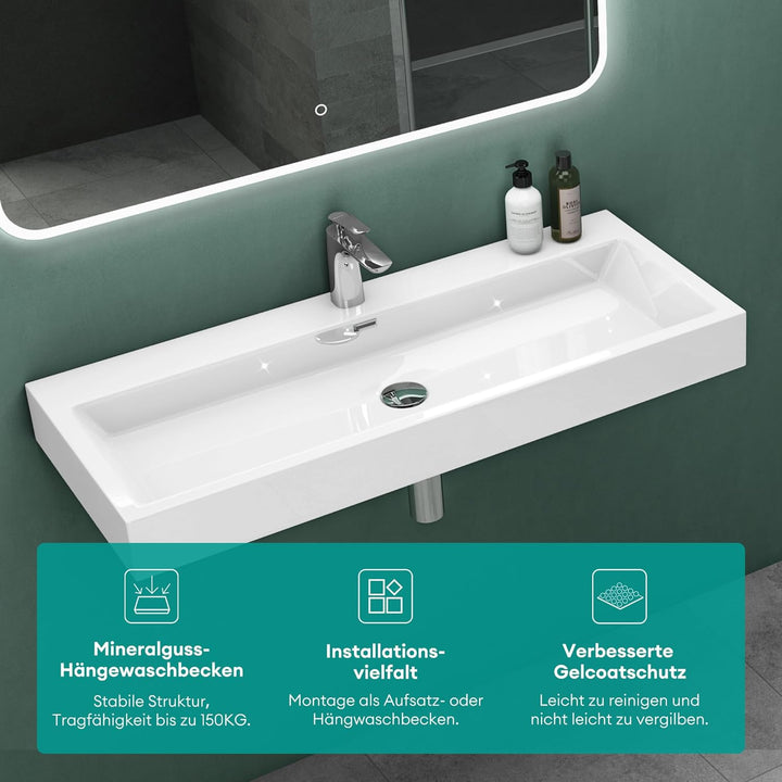 Mai &amp; Mai Breite: 60cm Waschbecken Aufsatz-Waschschale Hänge-Becken Mineralguss in weiss 1 Armaturen
