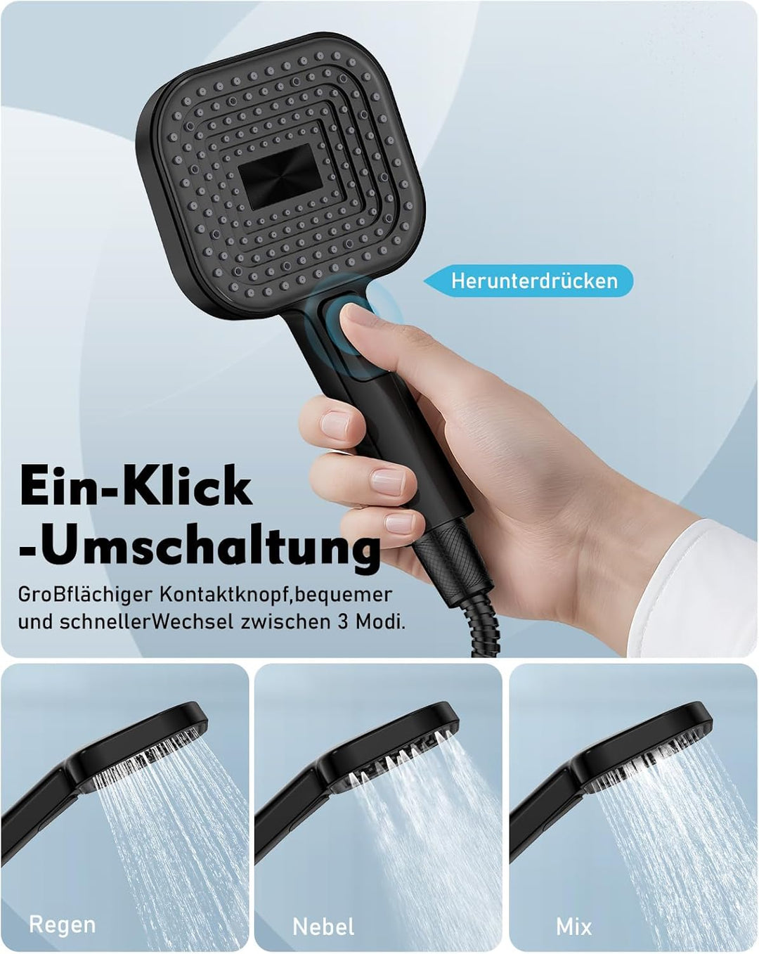 Buycard Duschkopf Schwarz,Duschkopf Gross(Φ135mm) mit 3 Strahlarten, Duschbrause für Duschkopf Wasse