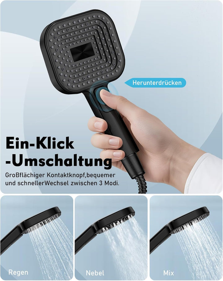 Buycard Duschkopf Schwarz,Duschkopf Gross(Φ135mm) mit 3 Strahlarten, Duschbrause für Duschkopf Wasse