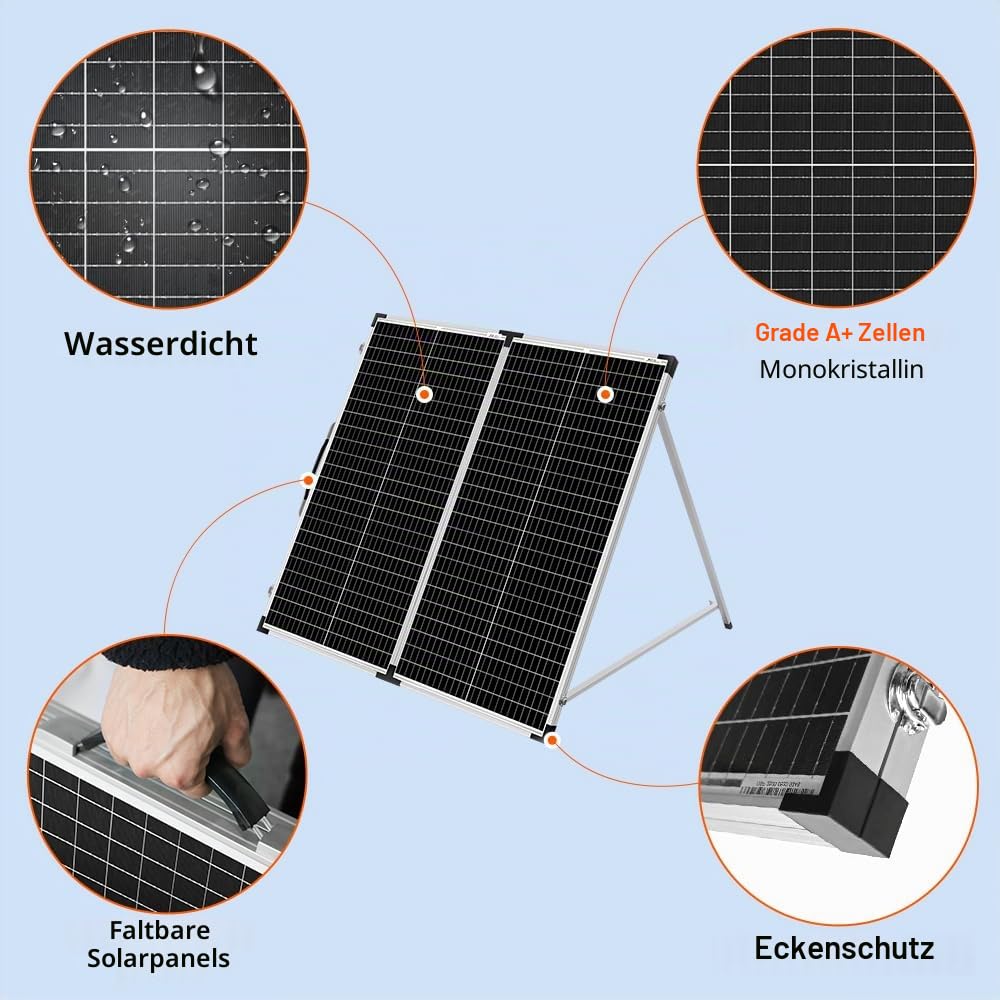 DOKIO Solarkoffer 160W 18V Monokristalline Solarpanel Faltbar mit Solarladeregler (LCD Anzeige + 2 U