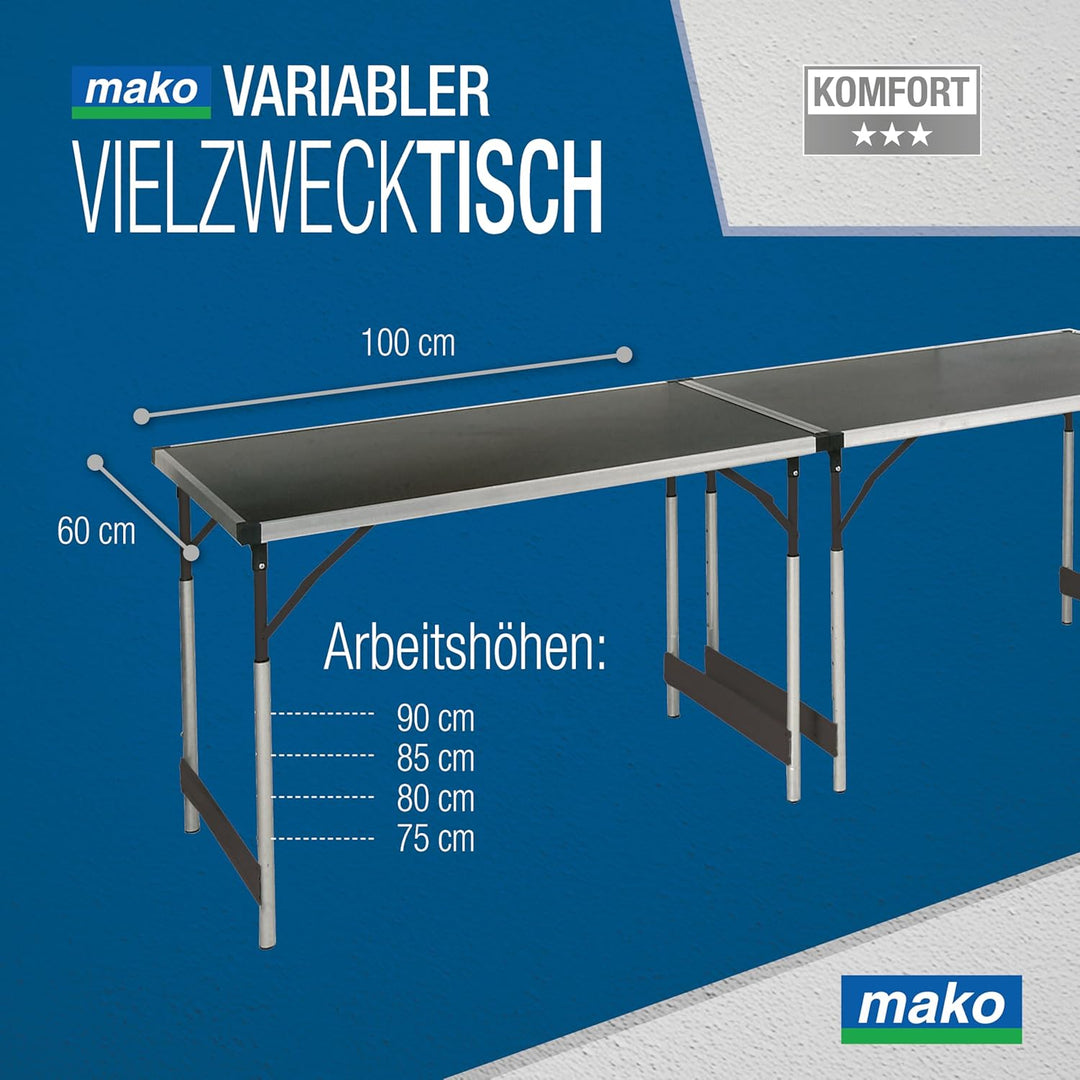 mako Tapeziertisch Profi, 3er-Set – Höhenverstellbarer Multifunktionstisch mit Alu-Rahmen, robuster