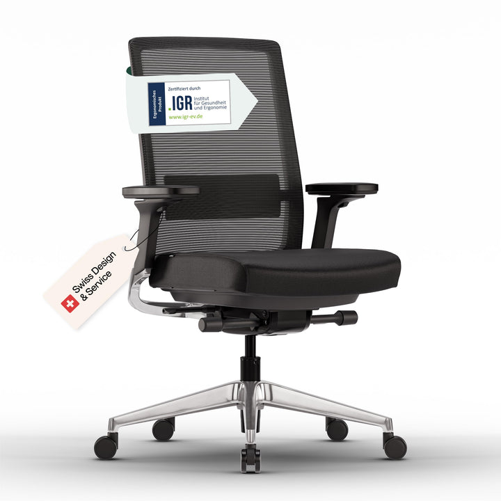 Active Bürostuhl Schwarz-Aluminium TESTSIEGER | Ergonomischer Schreibtischstuhl mit Sitzkippfunktion