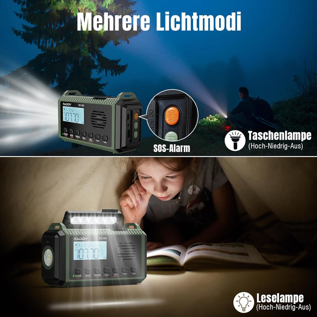[11.500mAh Leistungskapazität] SW/AM/FM Kurbelradio Raddy SH-905, Solar Notfallradio, Tragbares Wied