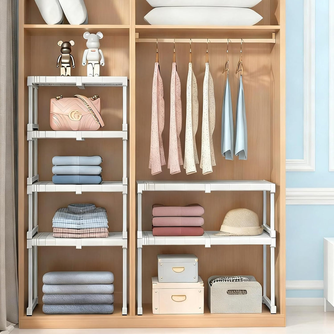 Stapelbarer Schrank Organizer - Verstellbares Regalsystem ohne Bohren - Weisses Metallgestell für Kl