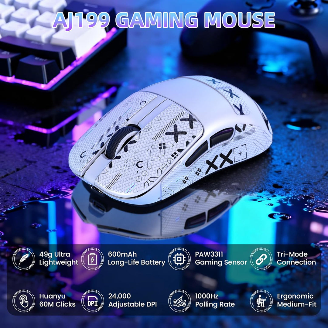 ZIYOU LANG×MAGIC-REFINER AJ199 Kabellose Gaming Maus Leicht, 49g Tri-Modus 2.4G/BT/Kabel, PixArt PAW