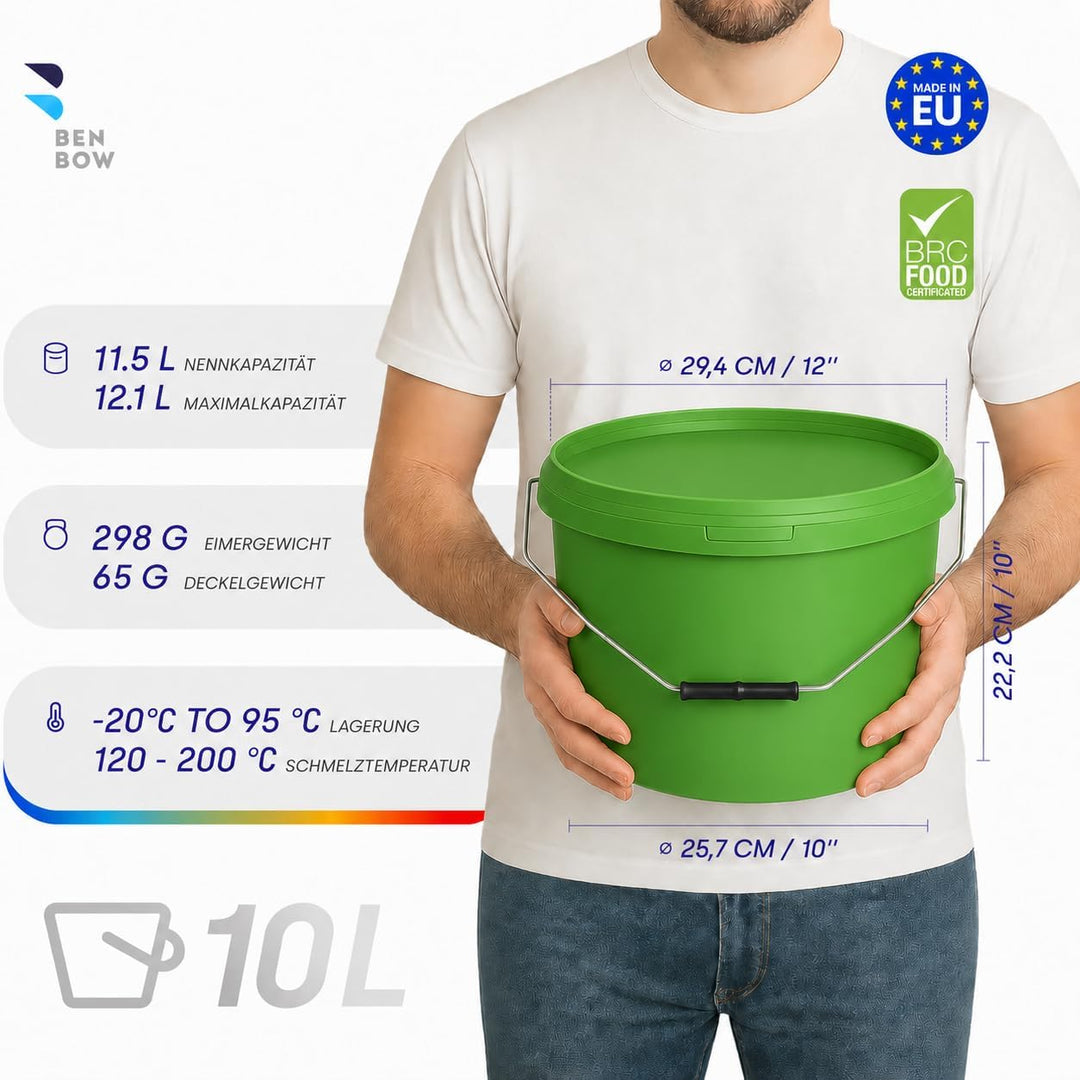 BenBow Eimer mit Deckel 10l grün 5X 10 Liter - lebensmittelecht, stabil, luftdicht, auslaufsicher, g