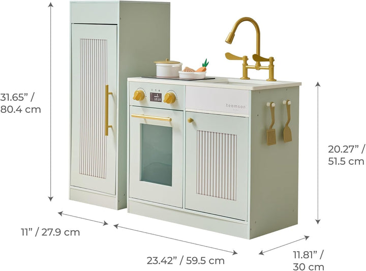 Teamson Kids Little Chef Chester Kinderküche in Grün mit Zubehör, Spielküche für Kinder aus Holz mit