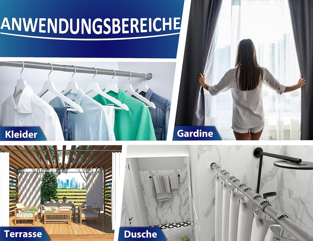 MEISENBERG Duschvorhangstange ohne Bohren 160-210cm, Ø25mm Grau Klemmbare belastbare Gardinenstange