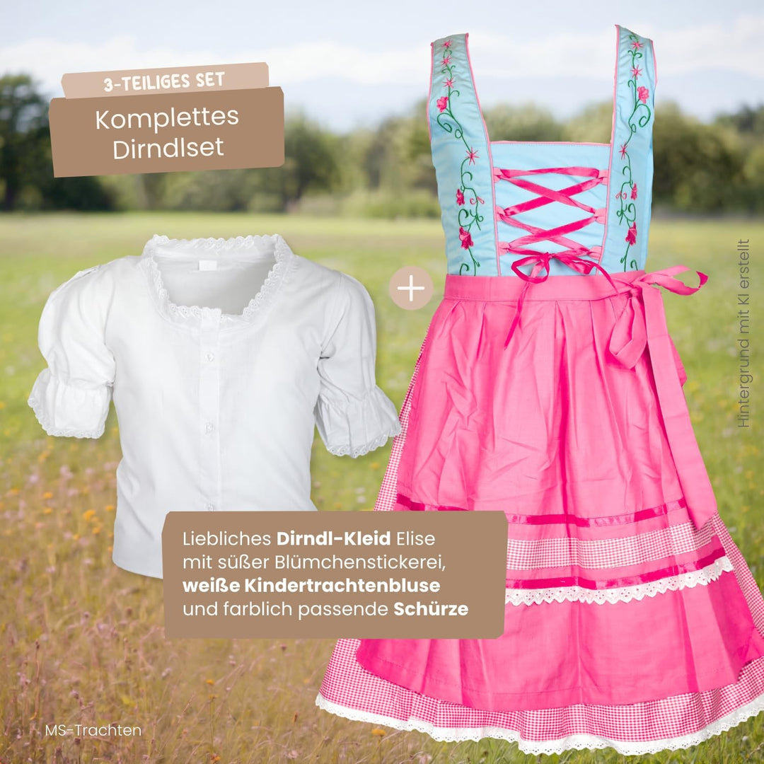 MS-Trachten Kinder Dirndl Kinderdirndl Trachtenkleid Elise rosa hellblau pastell 3 teilig 116 Dunkel
