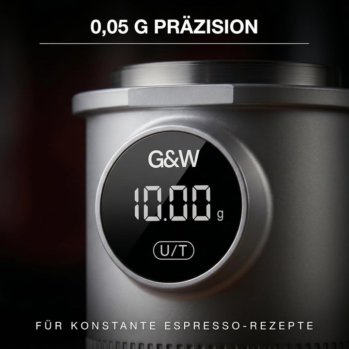 G&W Kaffee Dosing Cup Waage 58 mm, Digitale Espressowaage mit Becher, 0,05–0,1 g Genauigkeit bis 500