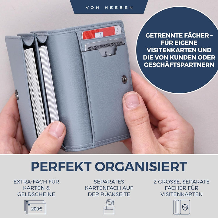 VON HEESEN® Visitenkartenetui Leder mit RFID-Schutz - Platz für 50 Visitenkarten - 6 Fächer - Visite