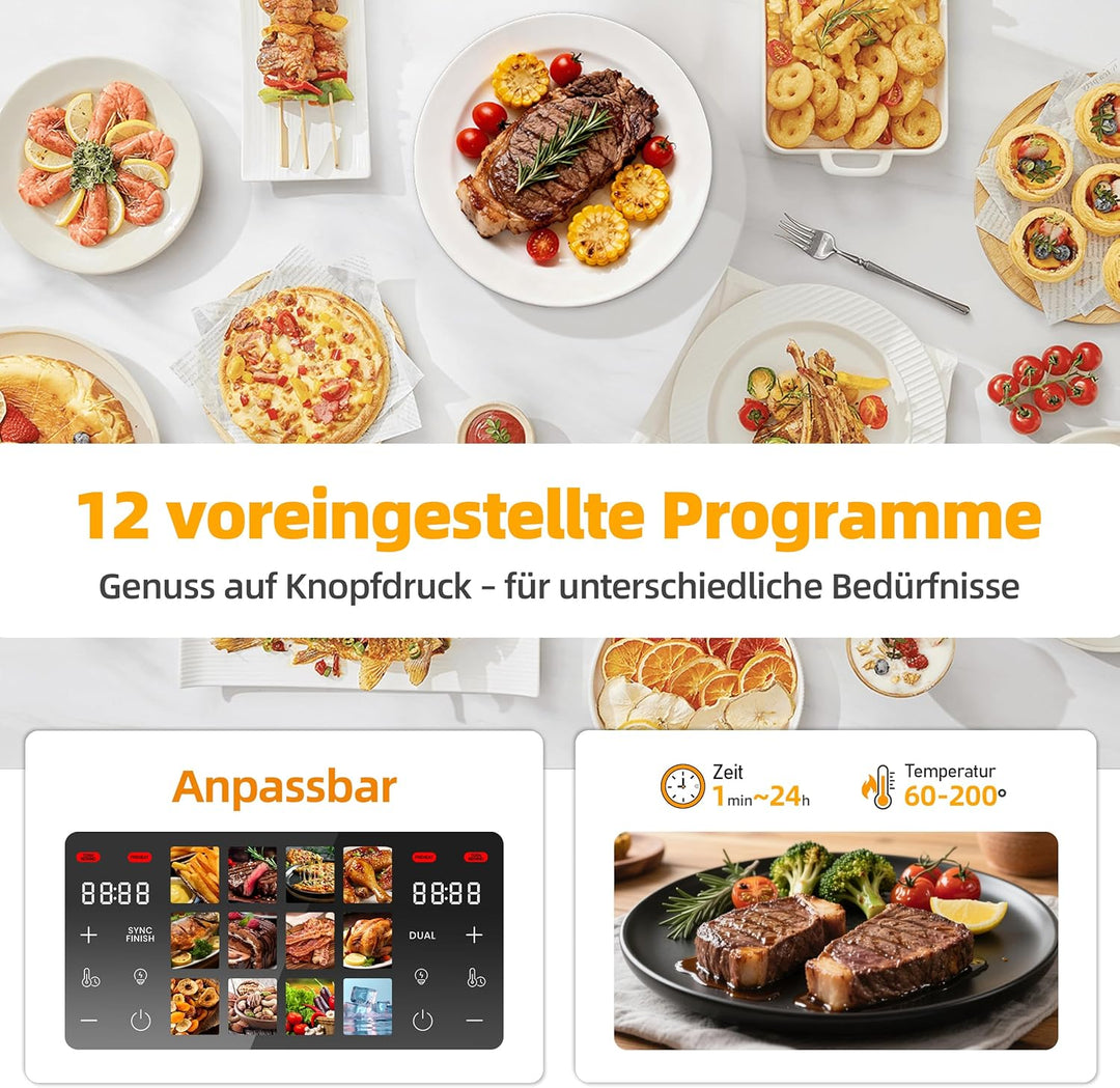 Heissluftfritteuse 2000W mit 2 Kammern XXL 8.5L, Airfryer mit Sichtfenster, LED Touchscreen, 60-200°