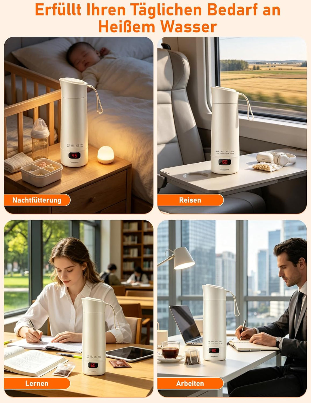 Reisewasserkocher Klein, 450ml Tragbarer Mini Wasserkocher mit 6 Temperatureinstellung LED-Display E