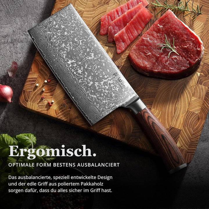 Wakoli EDIB Sakura Hackmesser 19 cm | Damast Hackbeil & Kochmesser aus 67 Lagen mit VG10 Kern, robus